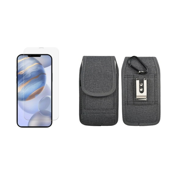 Bemz Holster Bundle for Apple iPhone 12: Horizontal Rugged Nylon Phone Belt Holster Pouch Case (Card Slots/Pen Holder) with Tempered Glass Screen Protector - Black