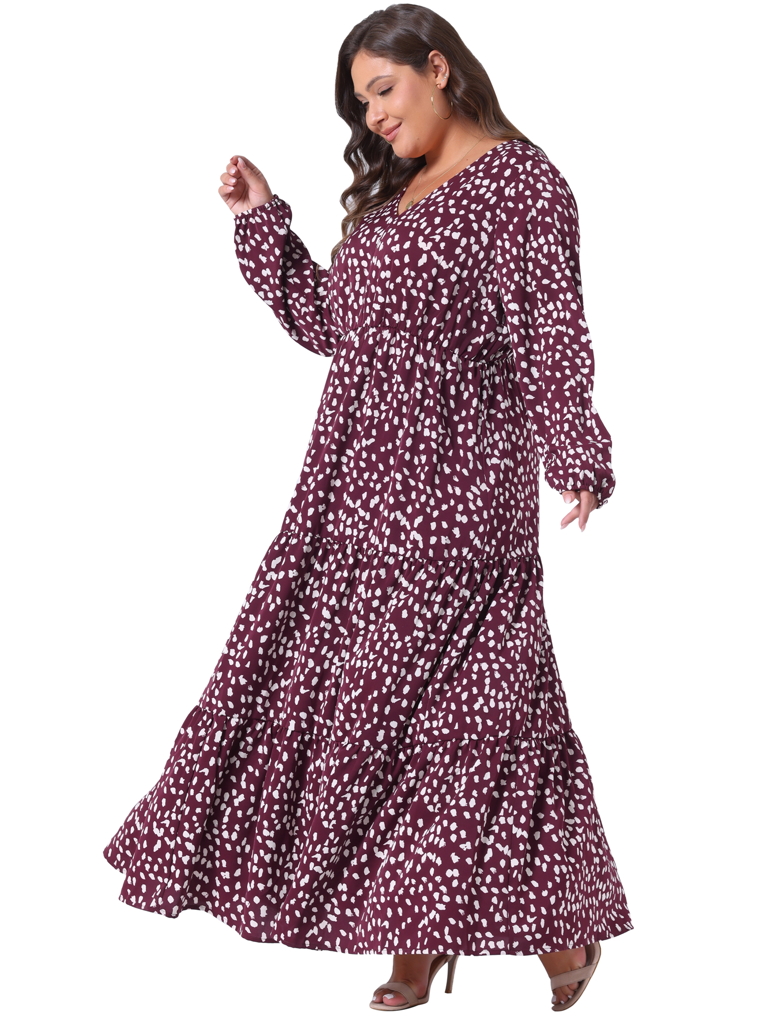 DARING DIVA Plus Size Polka Dots Long Maxi Lantern Sleeve Dress 3X Dark Red