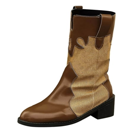 GHSOHS Cowboy Boots for Women White Cowboy Boots Women s Mid Calf Boots Colorblocking Pointed Toe Denim Patchwork Low Heel Cowgirl Boots Vintage Leather Riding Boots Ankle Boots Shoes Size 38