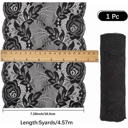 5 Yards 7 1/4 Inch Black Lace Edge Roll Trim Wide Vintage Flower Pattern Ribbon Polyester Floral Crochet Fabric Appliques Trimming Bulk for Sewing Making Crafts Clothes Home Decor Diy Supply