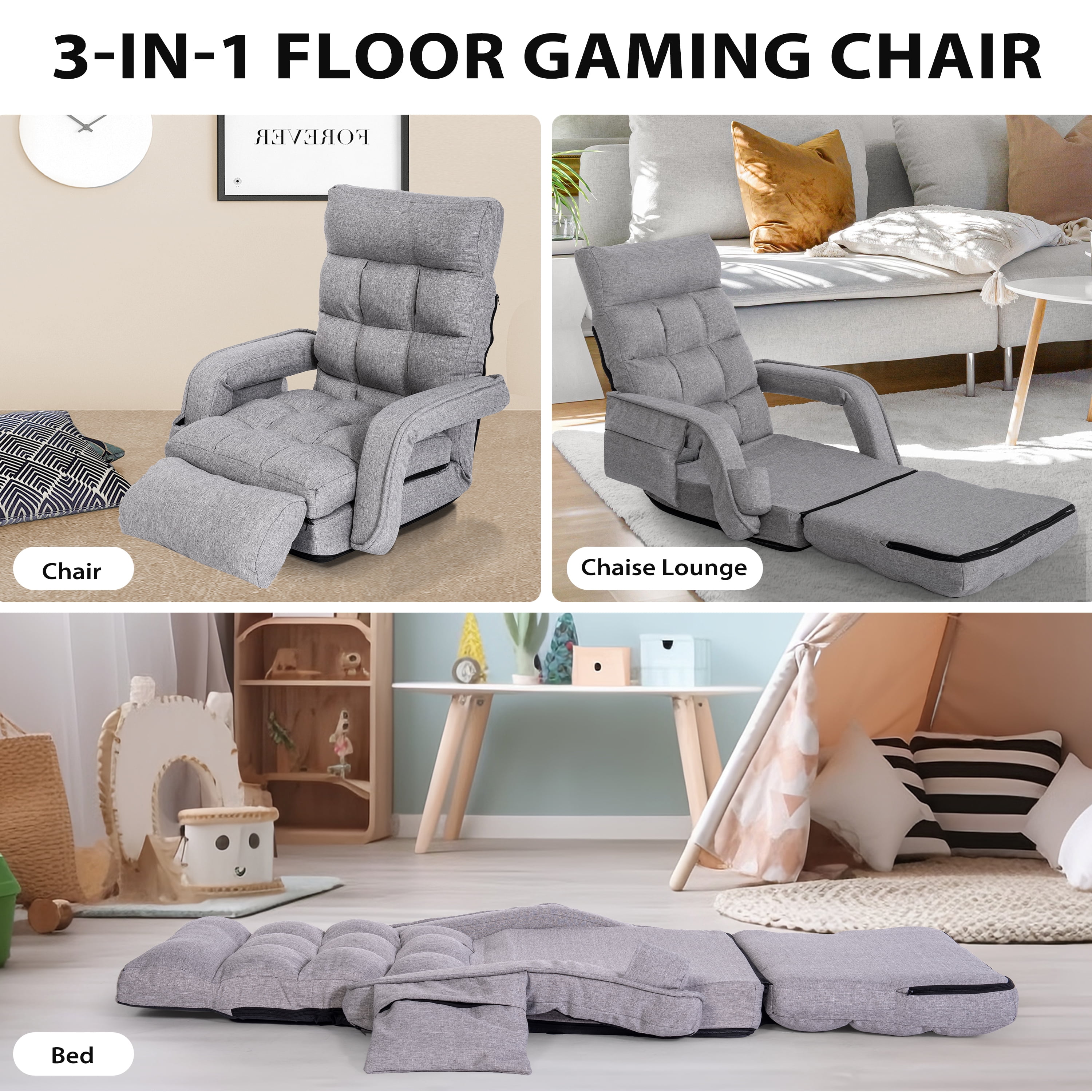 Prime Garden Floor Chair 6-Position Folding Gaming Chair for Meditation Indoor, Light Gray