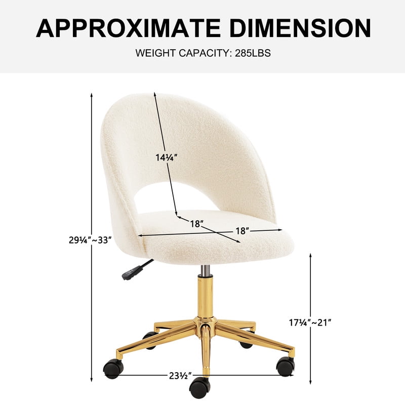 Modern Upholstered Office Chair, Adjustable Armless Desk Chair with Gold Metal Base and Rolling Casters, Accent Vanity Chair for Home Office, Bedroom, Makeup Room,White