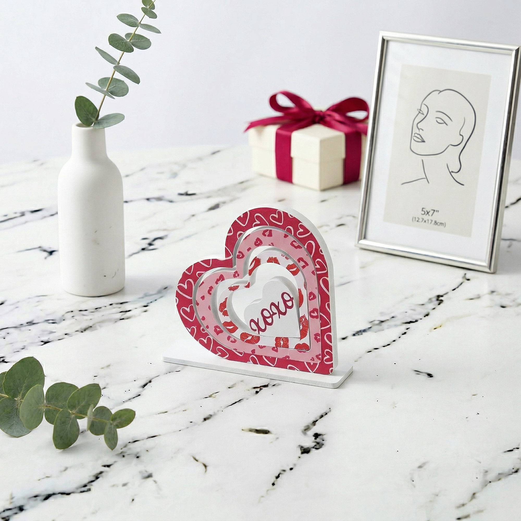 Unique Bargains Wooden Heart Table Decor Removable Stackable Heart Sign Style B 5.1in