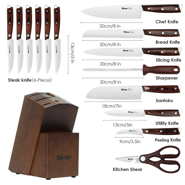 Knife Set 15-Piece Kitchen Knife Set with Sharpener Wooden Block and Serrated Steak Knives,Emojoy Germany High Carbon Stainless Steel Knife Block