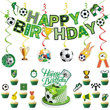 Soccer Birthday Party CORNET Decorations - 21pcs Soccer Banner Hanging Swirl Cake Topper Decor for Football Theme Party Supplies
