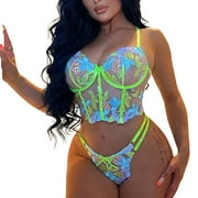 DNDKILG Women's Sexy Lingerie Set Embroidery Teddy Lingerie Babydoll Mesh Bra and Panty Sets Green XL