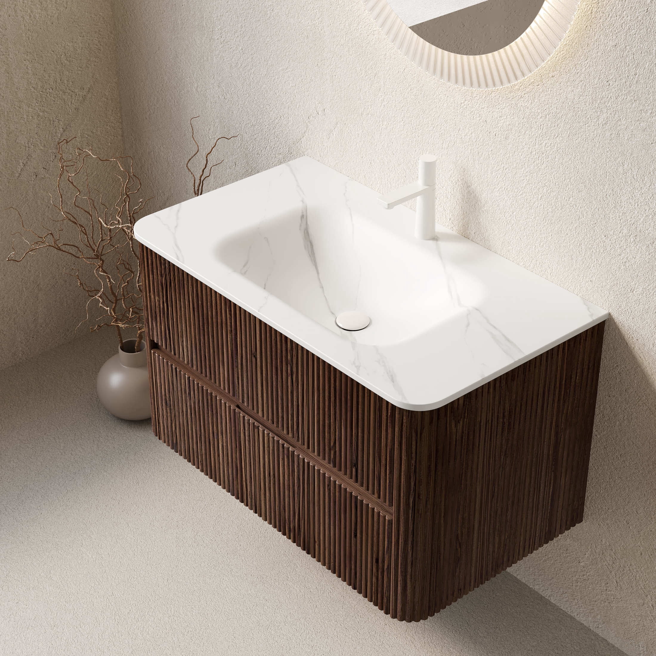 Noble House Noor 36" Floating Bathroom Vanity with Seamless Sintered Stone Basin, Retro Soft-Close Drawers, Walnut