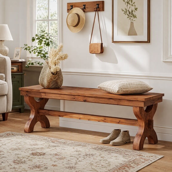 Fnova 55" Solid Wood Entryway Bench, Farmhouse End of Bed Bench for Hallway, Living Room, Brown