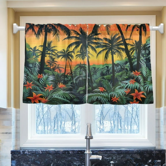 Ryvnso Sunset Tropical Forest Half Curtains Sets Tier 2 Panels Short Curtain Rod Pocket 27"W x 24"L