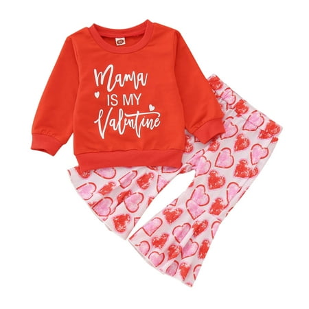 

New Born Girl Sweatpants And Shirt Toddler Kids Baby Girls Valentine s Day Outfits Letter Print Round Neck Long Sleeve Sweatshirts Tops Heart Print Flare Pants 2Pcs Set New Born Baby Close