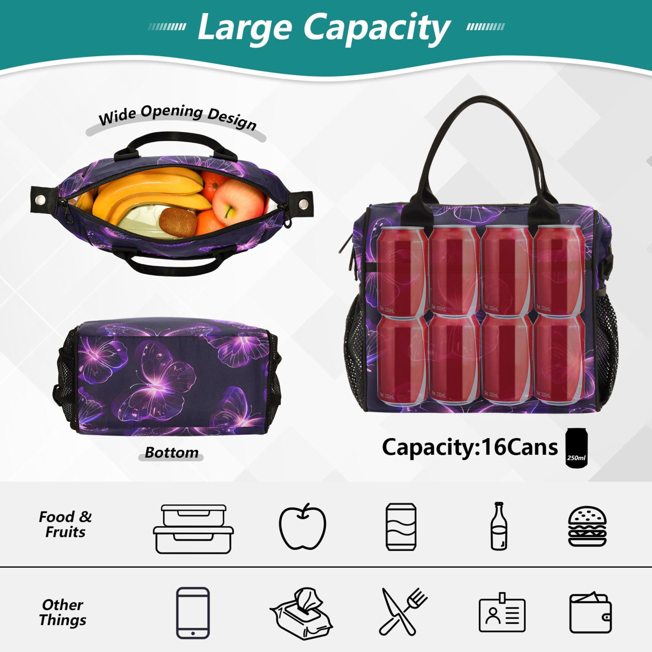 ALAZA Magic Cute Butterfly Insulated Lunch Bag Reusable Tote Box Adjustable Shoulder Strap for Work Picnic