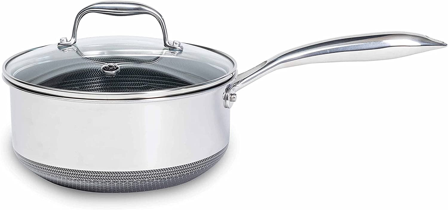 HexClad 2 Quart Hybrid Stainless Steel Pot Saucepan with Glass Lid