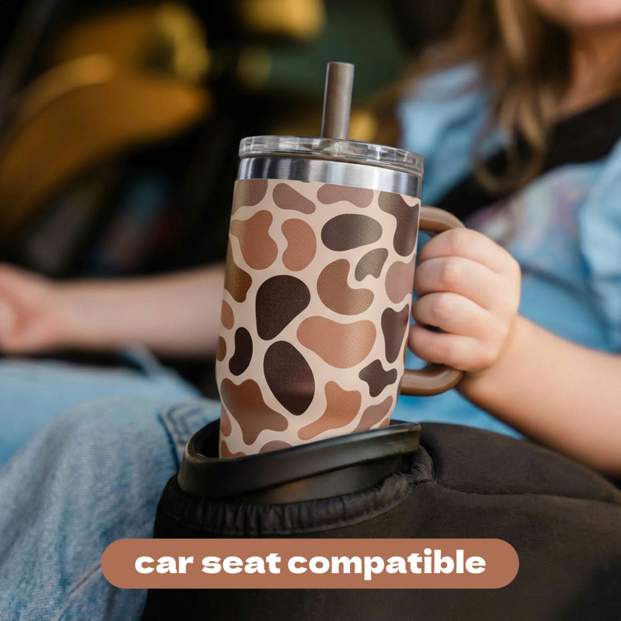 YAYA My First Travel Tumbler for Preschool & Kids 3+, Insulated Stainless Steel Tumbler with Reusable Silicone Straw & Spill-Proof Lid, Cup Holder Compatible, BPA-Free, 12oz, Brown Camo