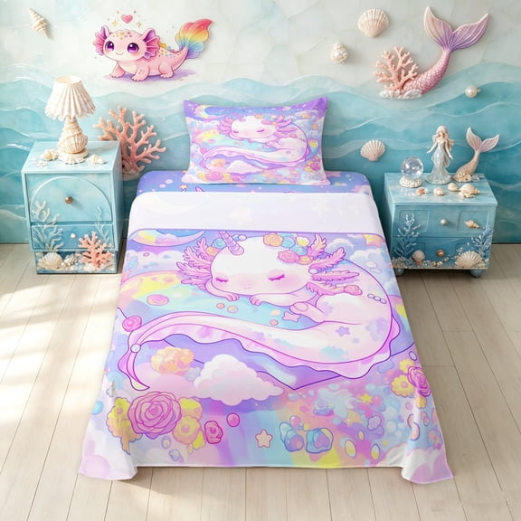 Manfei Sleeping Axolotl Twin Sheets, Dreamy Moon Cloud Bedding, Pastel Purple, 3 Pieces, 1 Flat Sheet, 1 Fitted Sheet and 1 Pillowcase