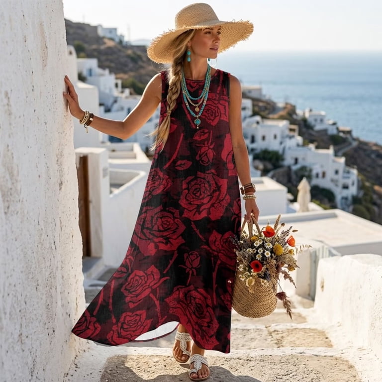 red linen summer dresses Rutainlusire Womens Sleeveless Dresses Ladies' Summer Pocket Linen Ruffled Sleeve V-Neck Dress Red XXL, Women's, Size: 2XL