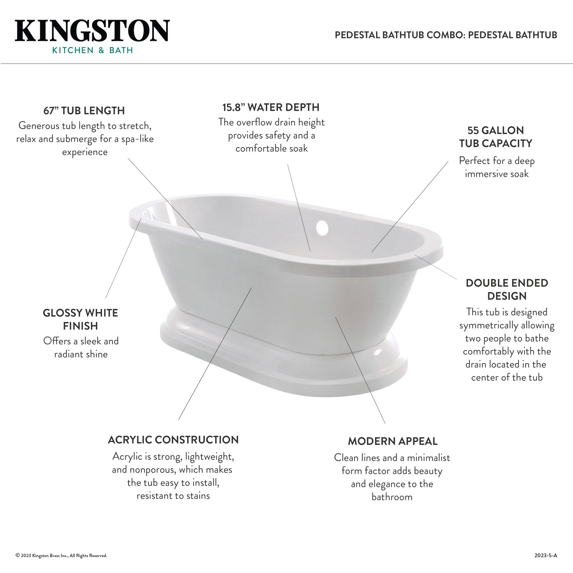 Aqua Eden KT7PE672824B5 67" Acrylic Oval Double Ended Pedestal Tub with Faucet Combo (No Faucet Drillings), Glossy White/Oil Rubbed Bronze