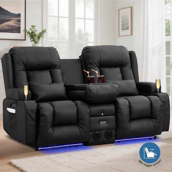 IPKIG Wall Hugger Power Recliner Loveseat with Massage & Heat, Black Faux Leather Home Theater Sofa, Bluetooth, LED Lights, and USB Console