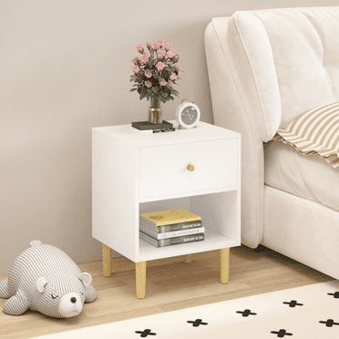 Wooden Nightstand with One Drawer One Shelf for Kids, Adults