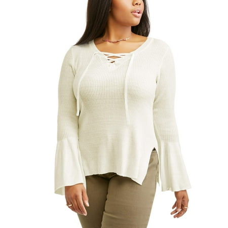 Junior Plus Lace Up Ribbed Bell Sleeve Sweater