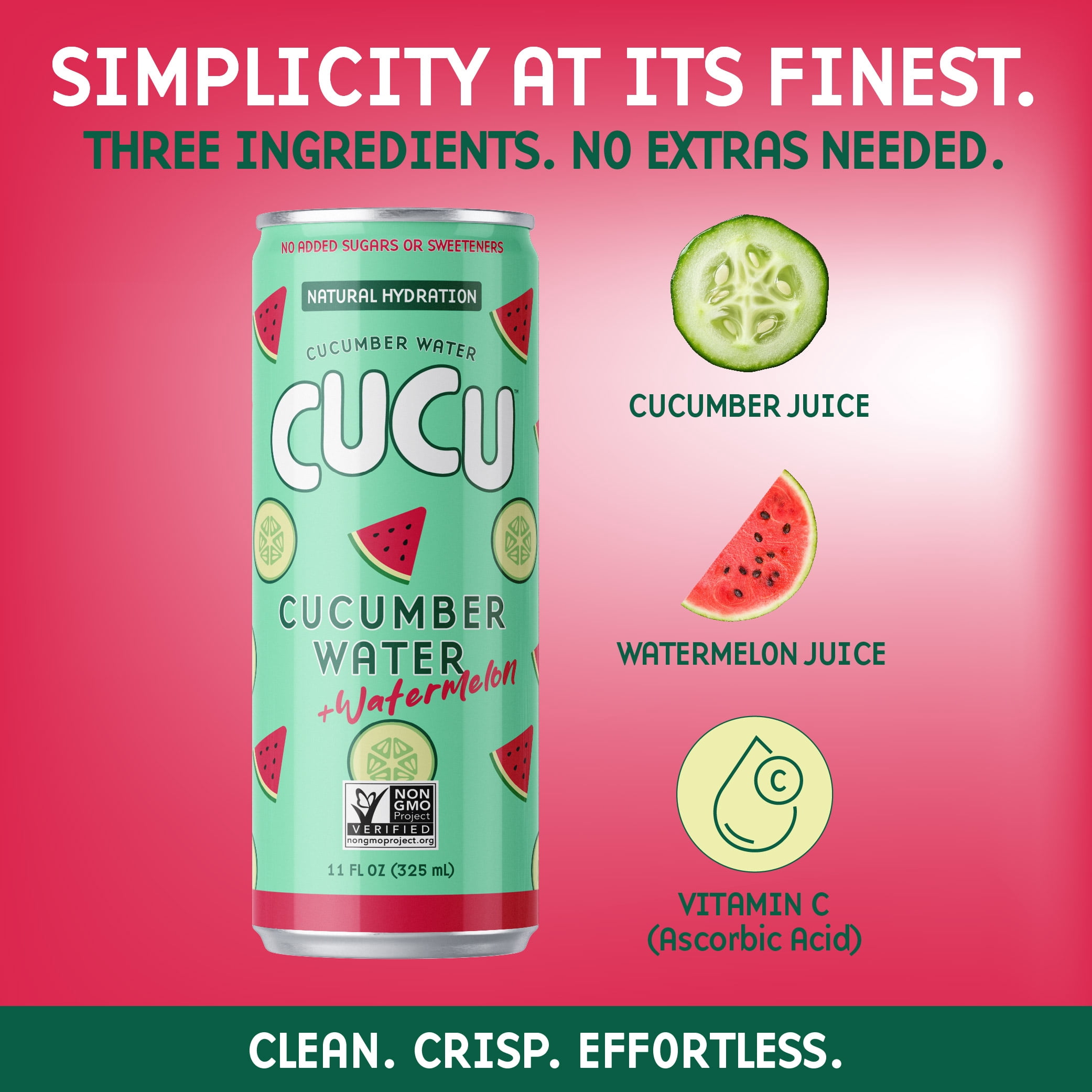 CUCU Pressed Cucumber + Watermelon Water, Real Cucumber & Watermelon Juice, Vitamin C, No Sugar Added, Non-GMO, 11 fl oz, 12 Pack