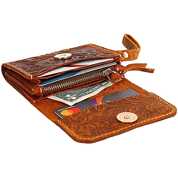 Handmade Wristlet Wallets for Women, Western Floral Leather Small Credit Card Holder with Zipper, Minimalist & Cute Coin Pouch, Genuine Leather, Camel