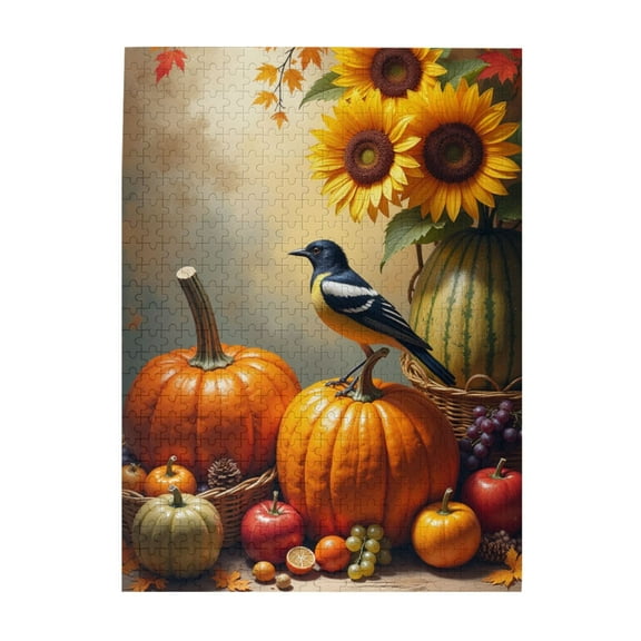 Autumn Harvest Bird And Pumpkins 500 Piece Adult Jigsaw Puzzle Vibrant Fall Colors Challenging And Relaxing Puzzle Unique Artwork Great Gift Idea Puzzles For Adults 500 Pieces