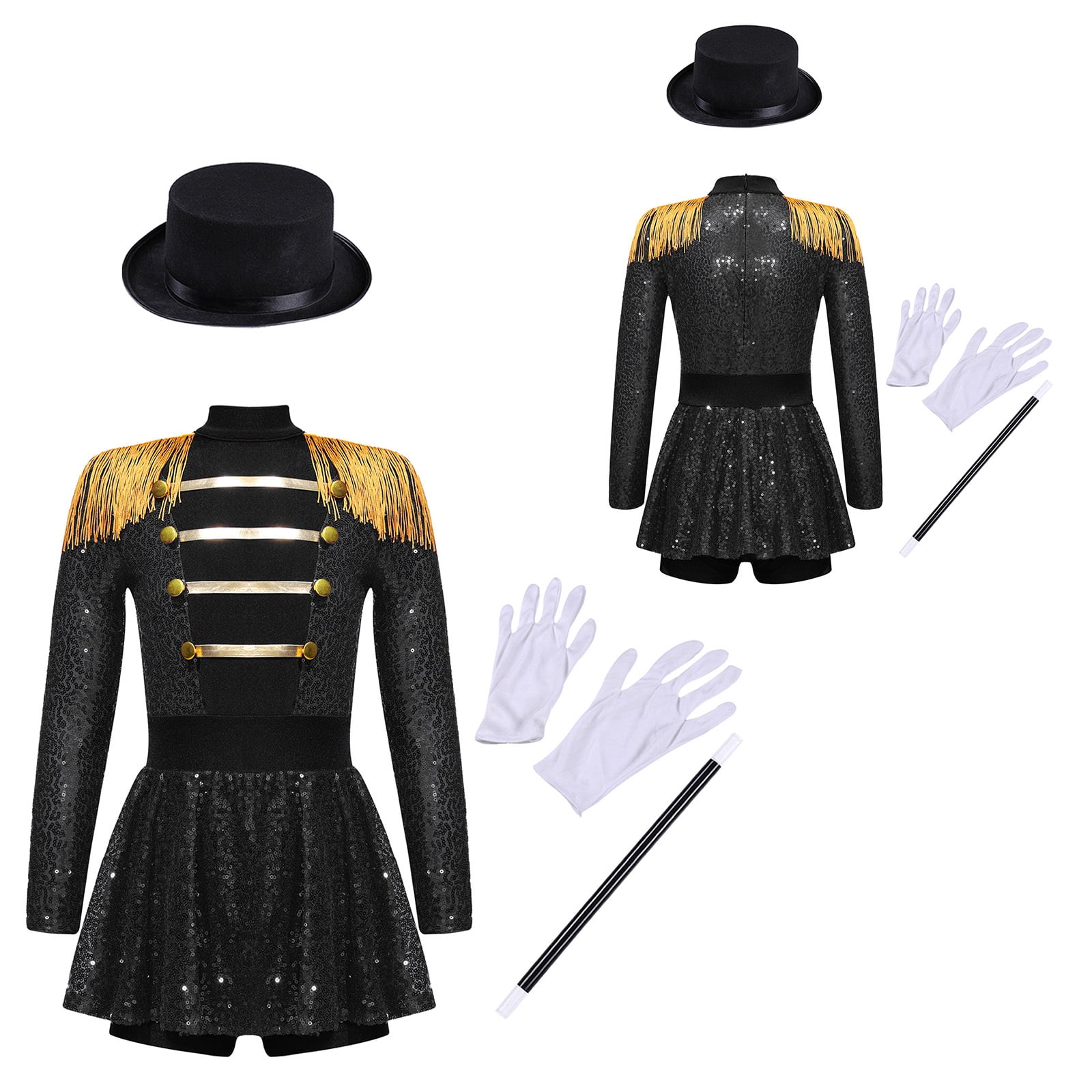 iiniim Girls Circus Ringmaster Jumpsuit Shiny Sequins Performance Leotard Dress Magician Outfits Black 10
