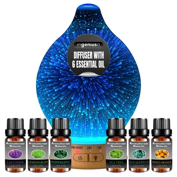 Ingeniuso Aromatherapy Diffuser: Lavender, Lemongrass, Peppermint, Tea Tree, Eucalyptus, Orange