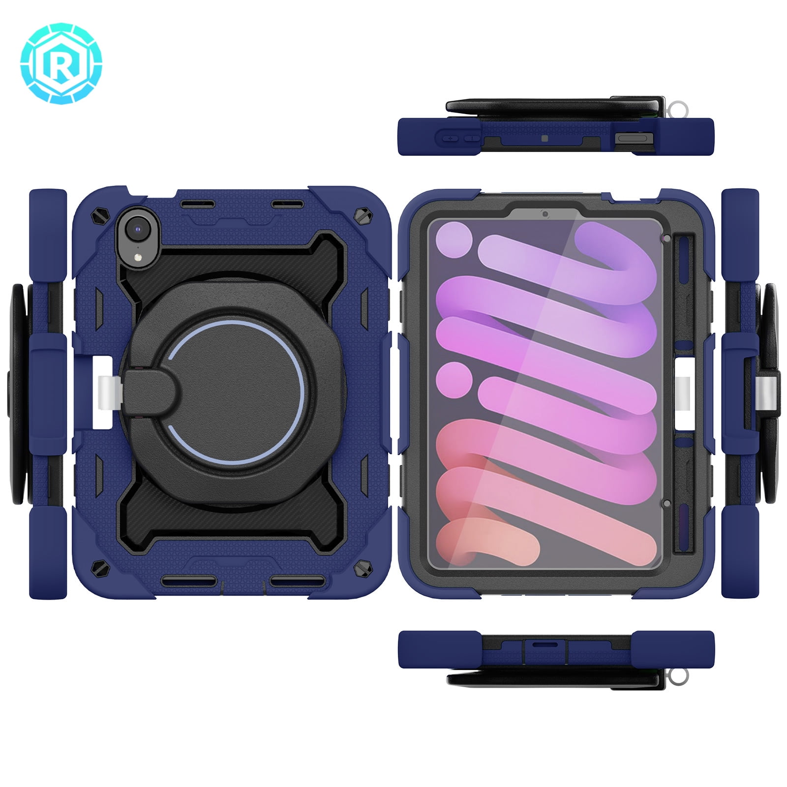 3-in-1 Case for Apple iPad Mini 2021 (8.3 Inch, 6th Generation) Tablet - Shockproof Drop Proof Rugged Cover, Built-in Pencil Holder /Kickstand /Handle, Protective Hard Shell (Dark Blue)