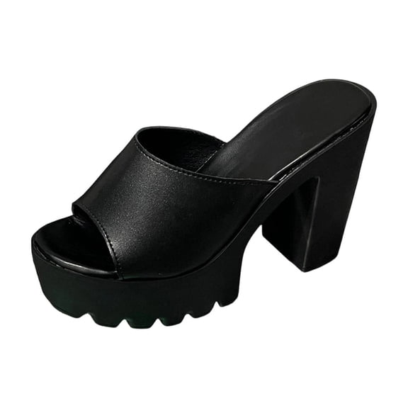 HomeDM Women's Chunky Platform Sandals Open Toe Slip-On Block Heels Summer Dressy Shoes, Black Size 6