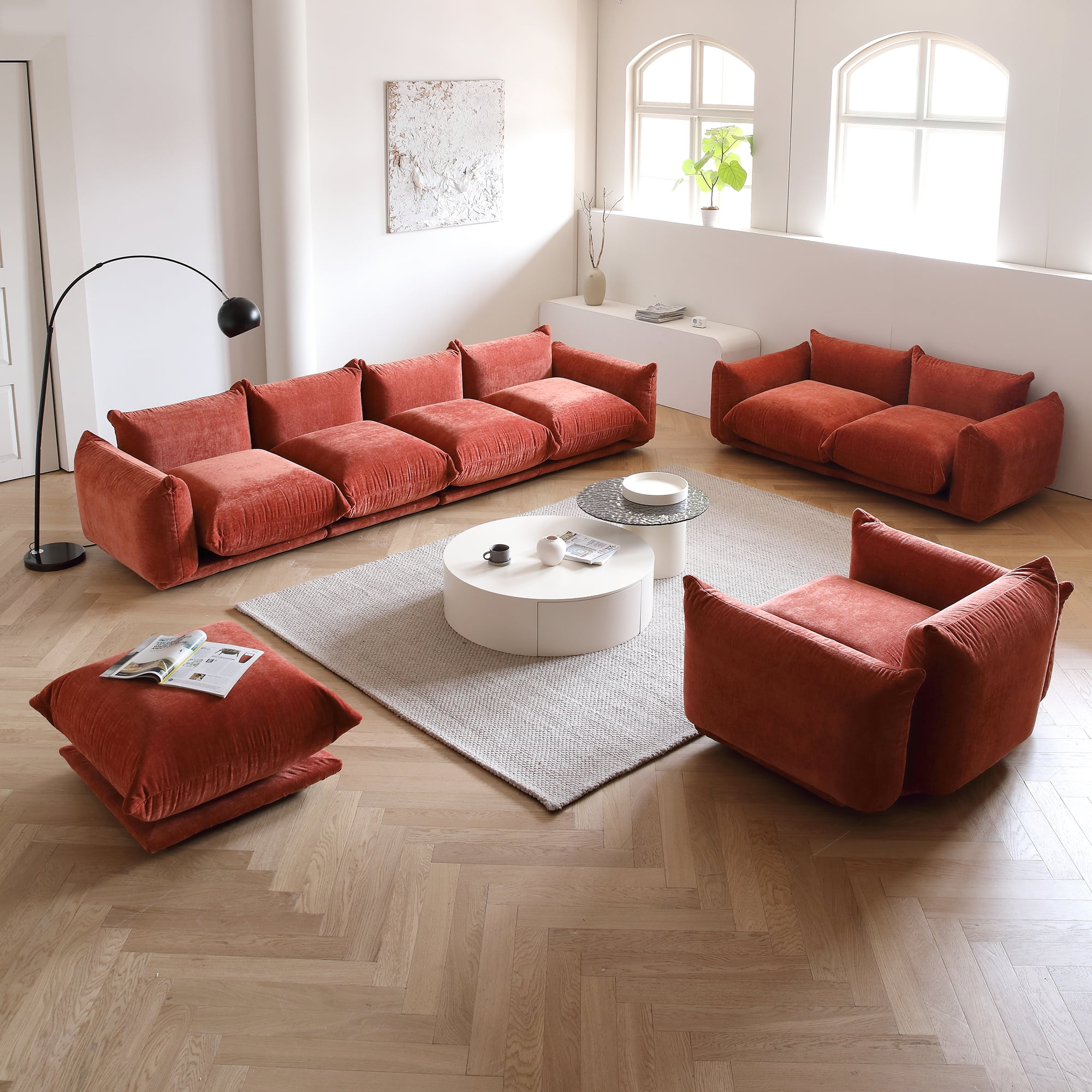 bokifol 4 Seats Sofa and Loveseat with Ottoman and Single Seat Armrest,4Pcs Living Room Sofa Sets,Modular Sectional Couch Sofas for Living Room,Orange