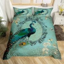 Peacock Bedding Set Aesthetic Animal Comforter Cover Dragonfly Decor,Watercolor Feather Duvet Cover Vintage Rustic Flowers Leaves Bed Set Queen,Farmhouse Farm Animals Rustic Decor Green