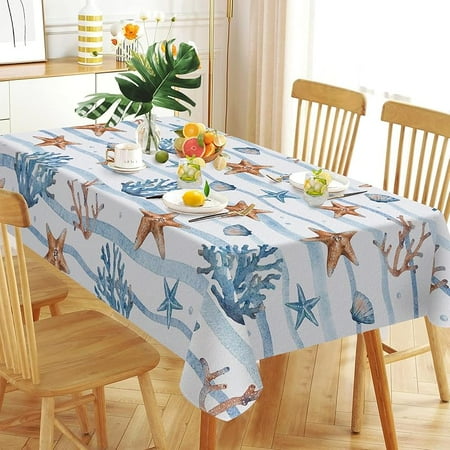 

Ethyie Summer Sea Starfish Conch Coral Round Tablecloth 60 x 60 Inch Coastal Ocean Wave Stripes Decorative Table Cloth Nautical Dining Table Cover Seasonal Beach Dinner Party Picnic Decoration