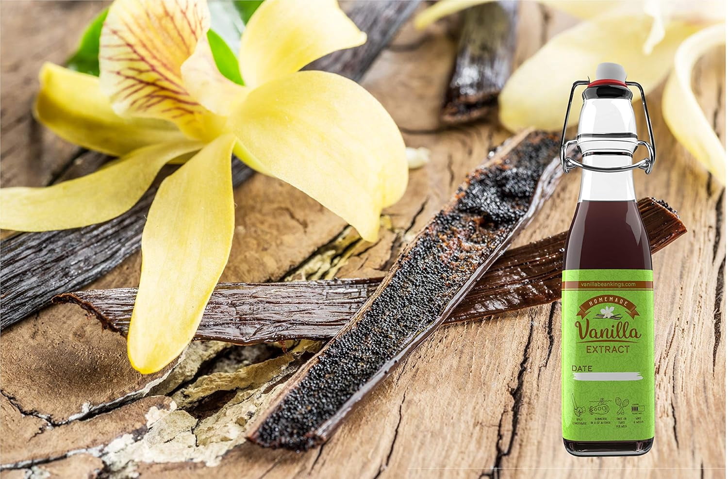 Homemade Vanilla Extract Kit | DIY | 1 Ounce of Premium Gourmet Madagascar Grade A Vanilla Beans 6-7 inches (Appoximately 8-10 Beans) with 8.5 oz Swing Top Glass Bottle | For Cooking and Baking