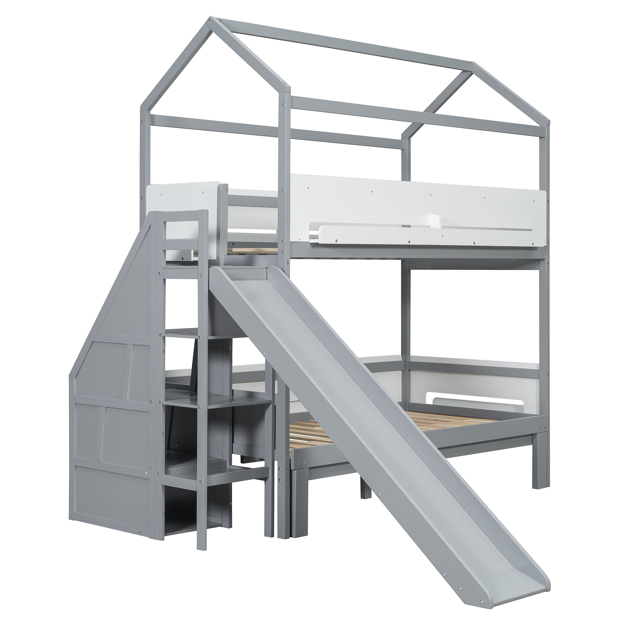 Mintazer Kids Twin Over Full Bunk Bed House-Shaped Bed Frame with Slide & Storage Staircase for Children Bedroom, Gray