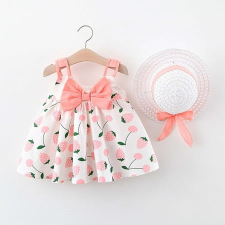 

Herrnalise Baby Girls Dress Infant strawberry Printed Bowknot Dresses With Hat Toddler Sleeveless Sundress