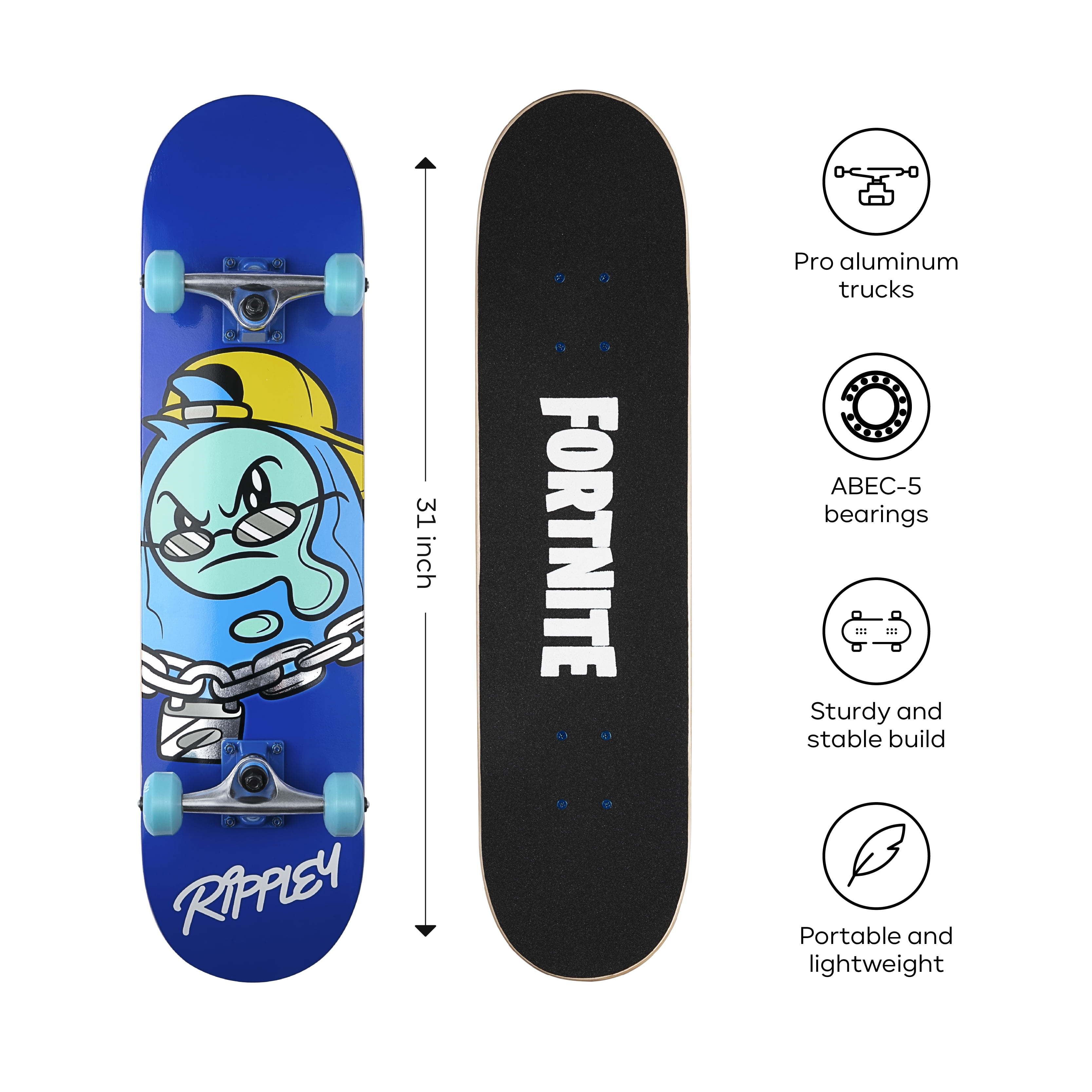 Fortnite Rippley 31" Skateboard; Complete Skateboard for Teens (Bonus: Nite Life Wrap)
