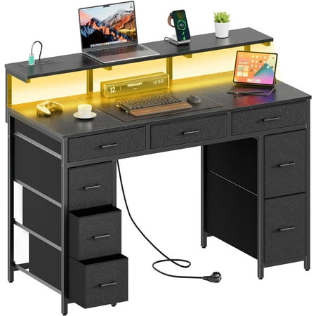 HLDIRECT 47 inch Computer Desk with 8 Drawers, Gaming Desk with LED Lights & USB Power Outlets, Home Office Table with Monitor Stand, Black