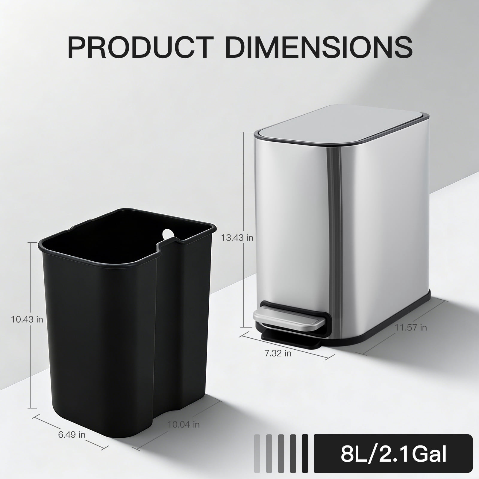 Bathroom Trash Can, 2.1 Gallon (8 L) Small Trash Bin with Lid, Slim for Small Spaces, Stainless Steel Garbage Can, Soft Close, for Home and Office