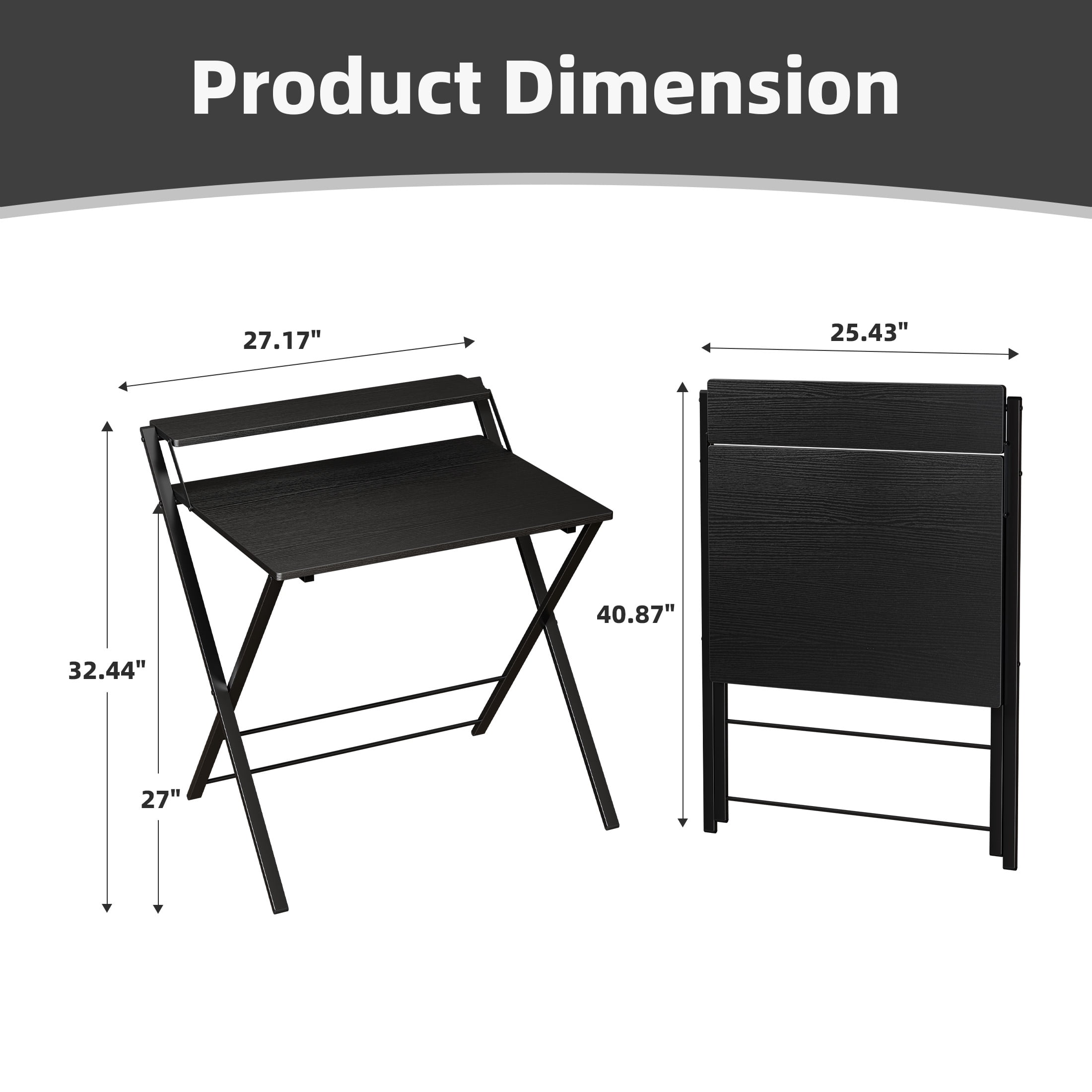 EDX Small Folding Desk with Shelf, No Assembly 2-Tier Compact Computer Table, Portable Study Workspace for Bedroom, Home Office, Black
