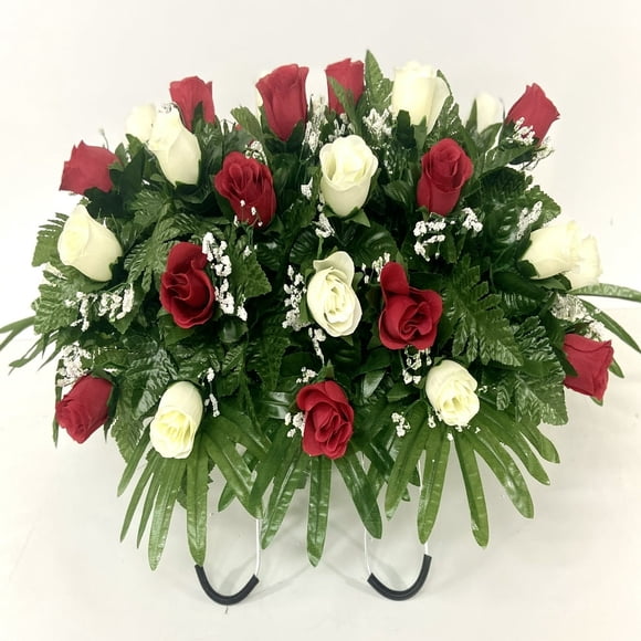 CHOK Cemetery Headstone Saddle Flower Arrangement in Red and Cream Roses-Grave Marker Decoration  Sympathy Flowers