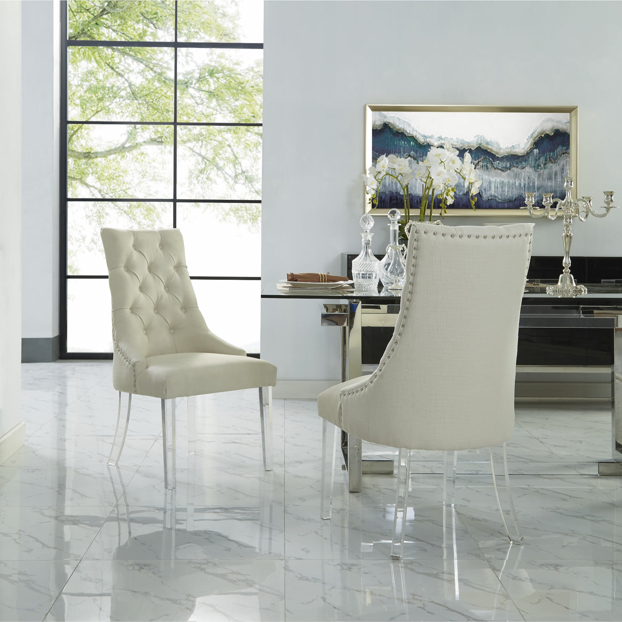 Inspired Home Gideon Linen Dining Chairs Acrylic Leg Armless, Cream