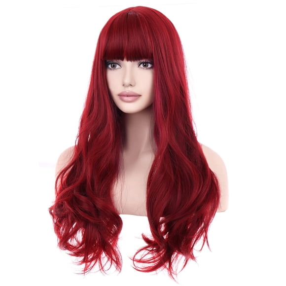 BERON Peluca roja de 26 pulgadas, peluca larga ondulada con flequillo para mujer, peluca larga, pelucas de color rojo vino para fiesta diaria, gorro incluido