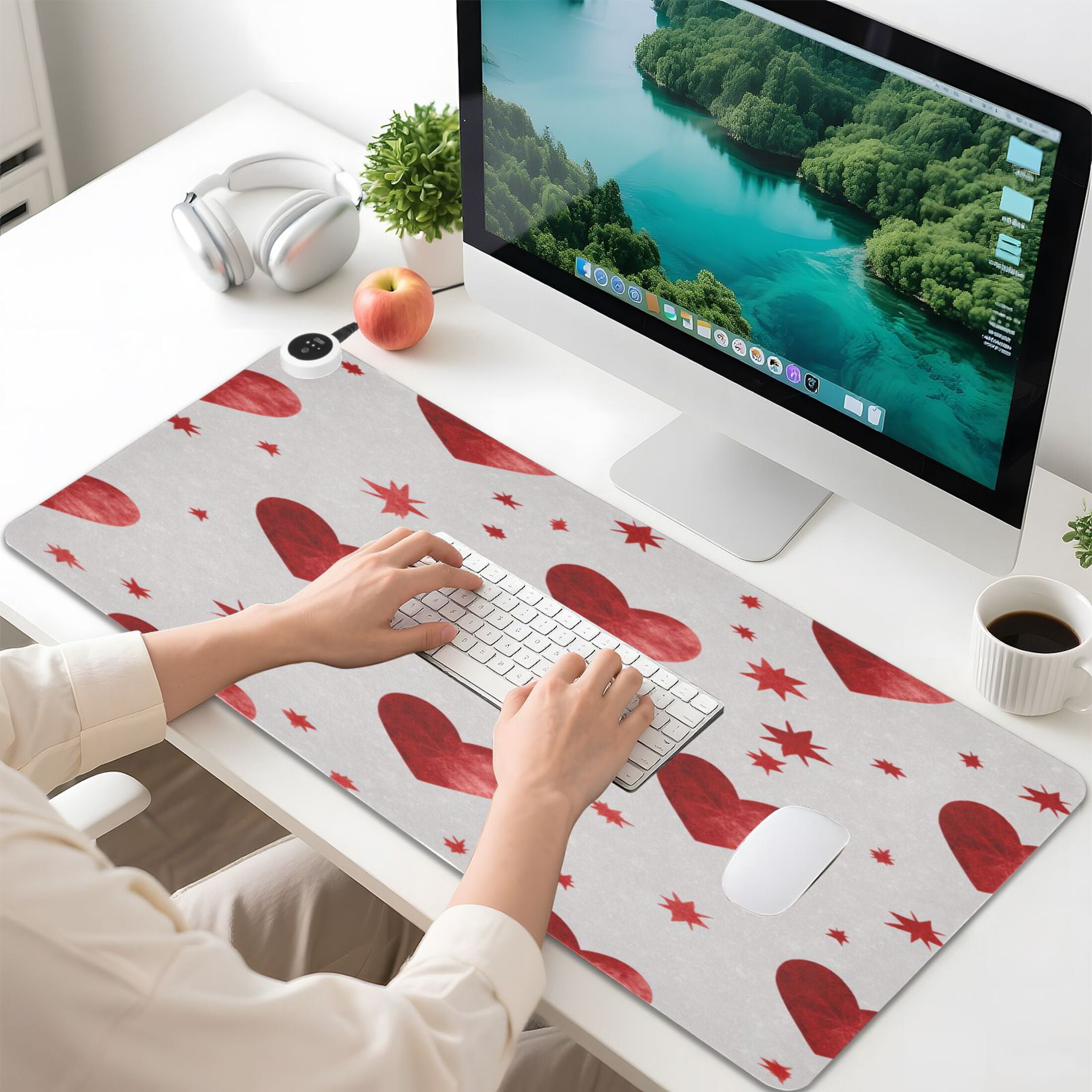 Large Heated Desk Mat Mouse Pad 31.5"x13"PU Leather Graphene Heating Desk Warmer with 3 Temperature Settings 110V US Plug Non-Slip Warm Pad for Home, Office, and Gaming Simple Red Heart Pattern