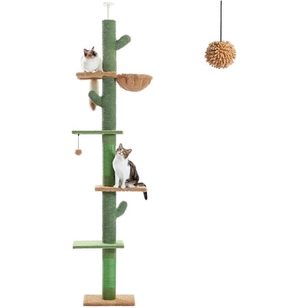 Cat Tree, Cactus Floor to Ceiling Cat Tower with Adjustable Height(95-108 Inches), 5 Level Cat Climbing Tower with Cozy Hammock, Platforms and Dangling Balls for Indoor Cats