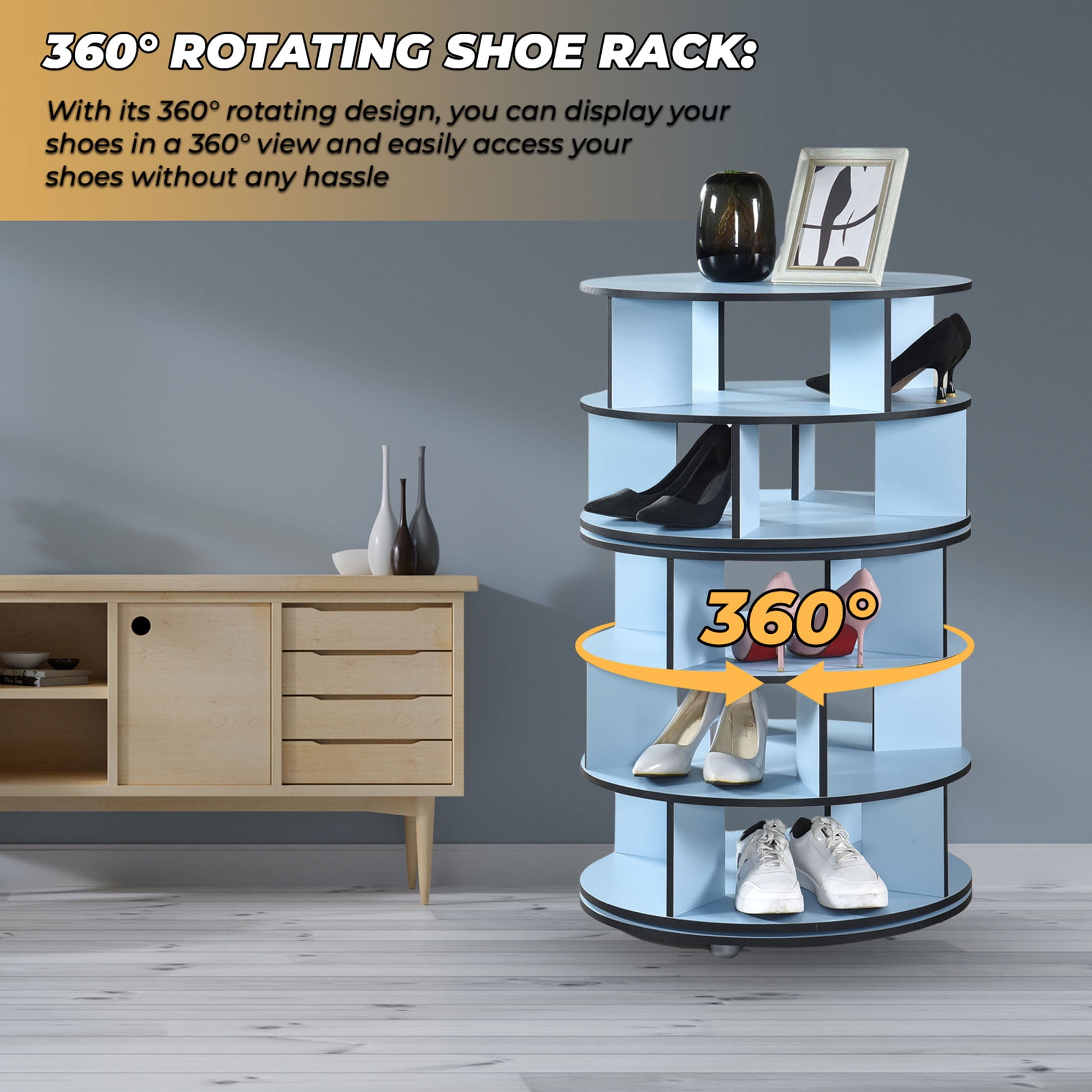 Kings Brand Furniture - 5-Tier Rotating Shoe Rack, 360° Revolving Lazy Susan Spinning Shoe Rack Tower Storage Organizer for Closet Entryway Bedroom Hallway, Blue