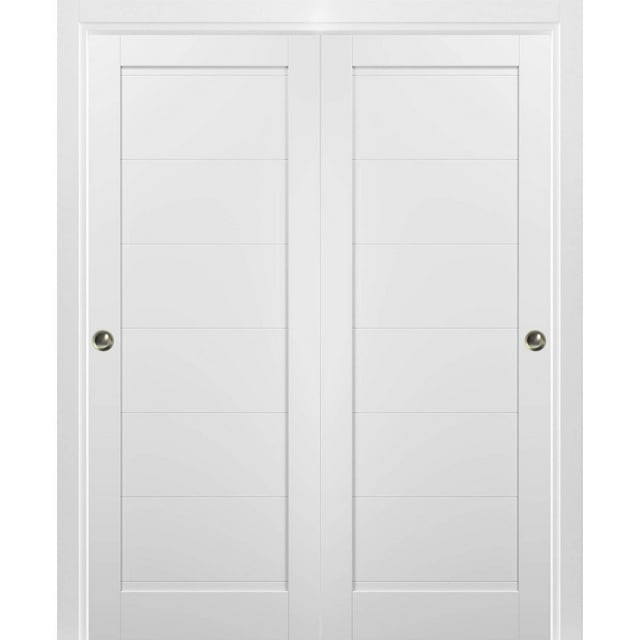 Sliding Closet Bypass Doors 64 x 84 with Hardware | Quadro 4115 White Silk | Sturdy Top Mount Rails Moldings Trims Set | Kitchen Wooden Solid Bedroom Wardrobe Doors