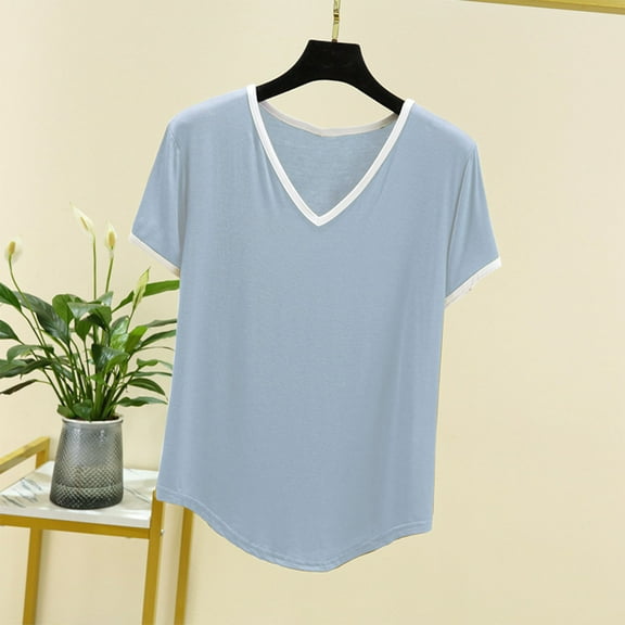 Njagoc3 Womens Solid V-Neck Short Sleeve T-Shirt Summer Thin Casual Slim Fit Breathable Multi-Color