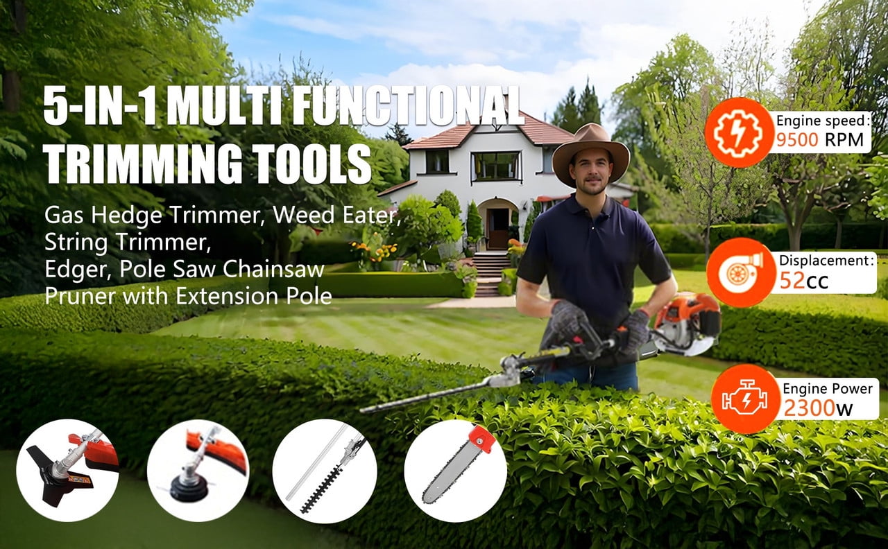 Floseru Powerful 52cc 5 in 1 Multi Functional Trimming Tools,Gas Hedge Trimmer,String Trimmer, Weed Eater, Pole Chainsaw with Extension Pole and Brush Cutter