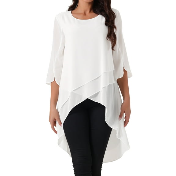 DARING DIVA Women's 3/4 Sleeve High Low Hem Scoop Neck Chiffon Blouses S White